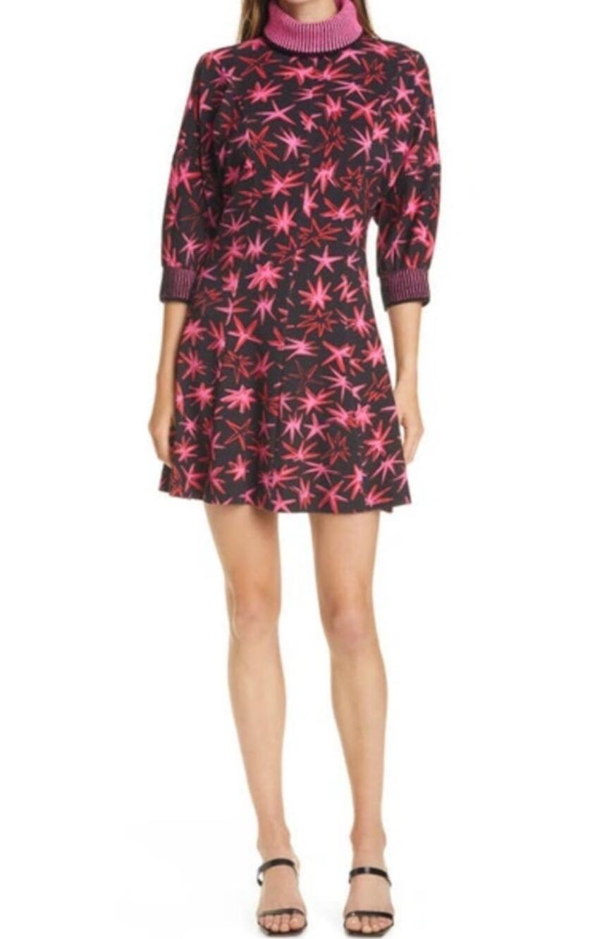Tanya Taylor Charli Turtleneck Pow Print Ponte Black Multi Mini Dress Women's 8